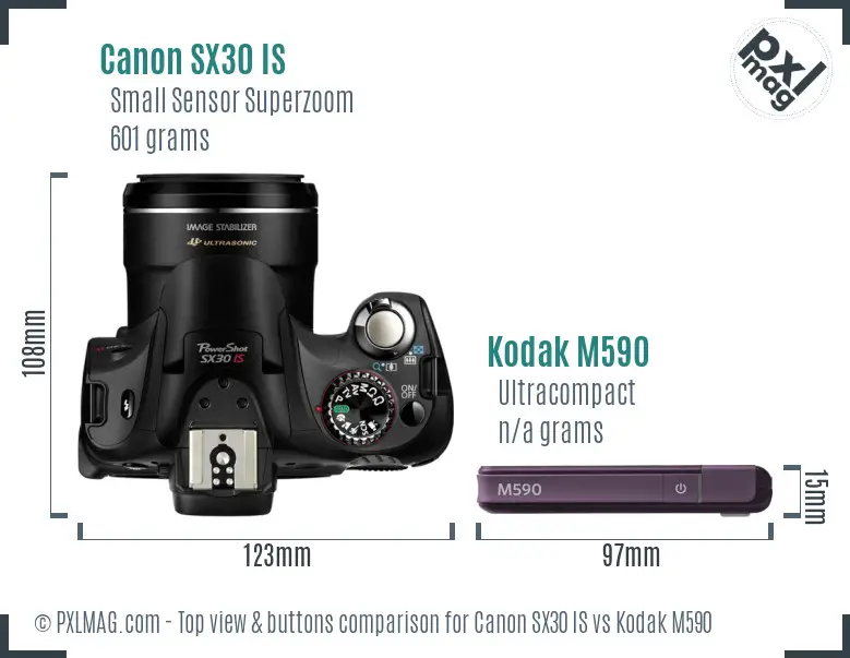 Canon SX30 IS vs Kodak M590 top view buttons comparison