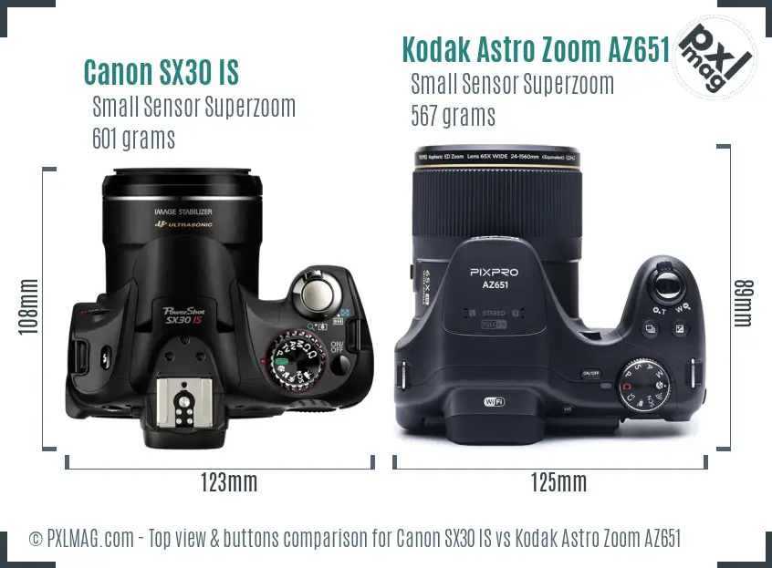 Canon SX30 IS vs Kodak Astro Zoom AZ651 top view buttons comparison