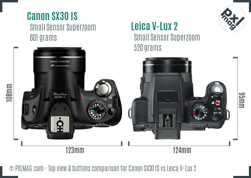 Canon SX30 IS vs Leica V-Lux 2 top view buttons comparison