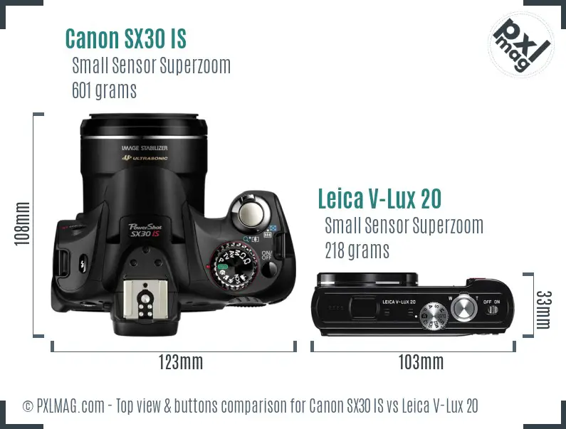 Canon SX30 IS vs Leica V-Lux 20 top view buttons comparison