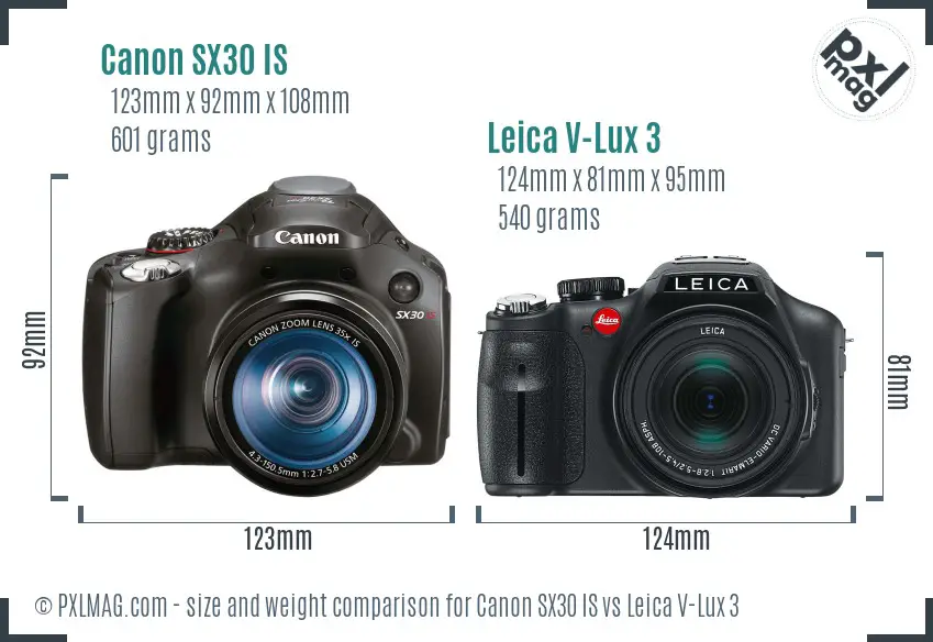 Canon SX30 IS vs Leica V-Lux 3 size comparison