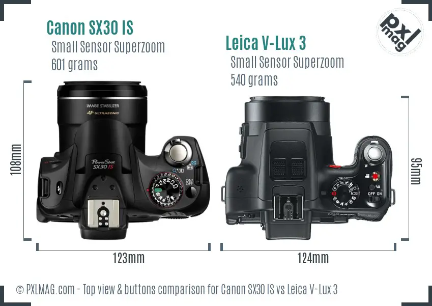 Canon SX30 IS vs Leica V-Lux 3 top view buttons comparison