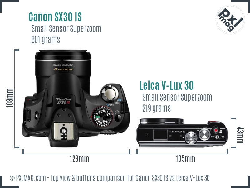 Canon SX30 IS vs Leica V-Lux 30 top view buttons comparison