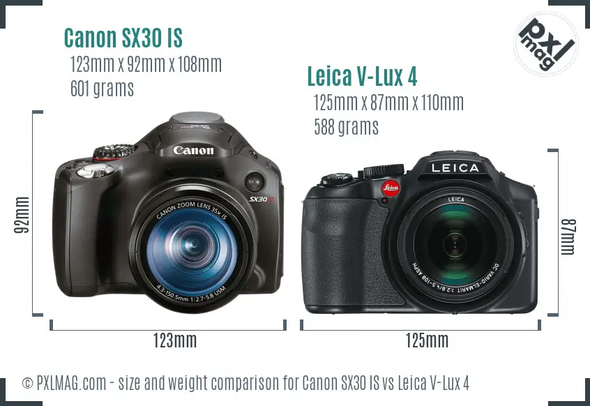 Canon SX30 IS vs Leica V-Lux 4 size comparison