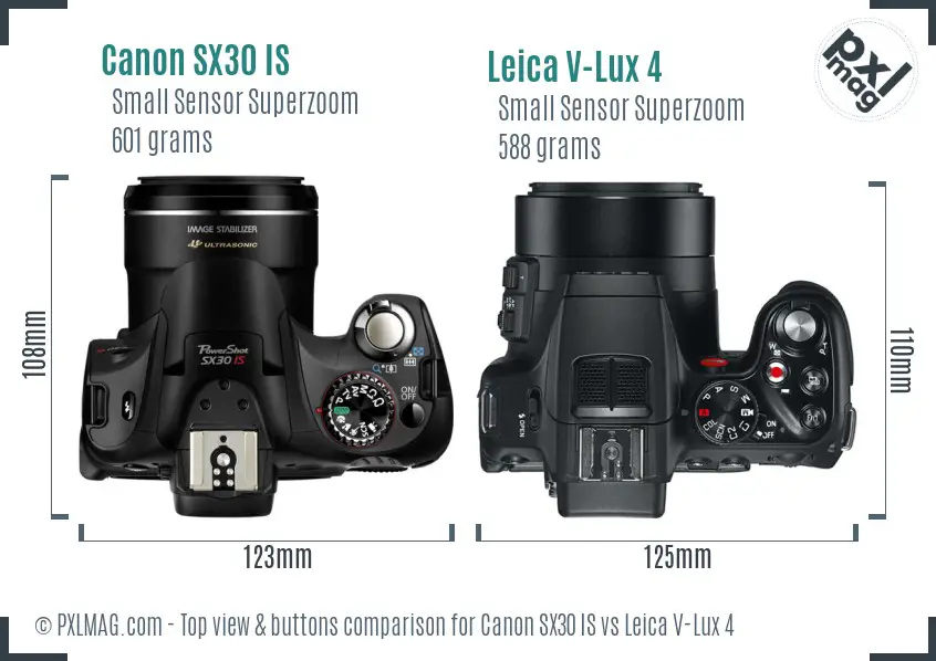 Canon SX30 IS vs Leica V-Lux 4 top view buttons comparison