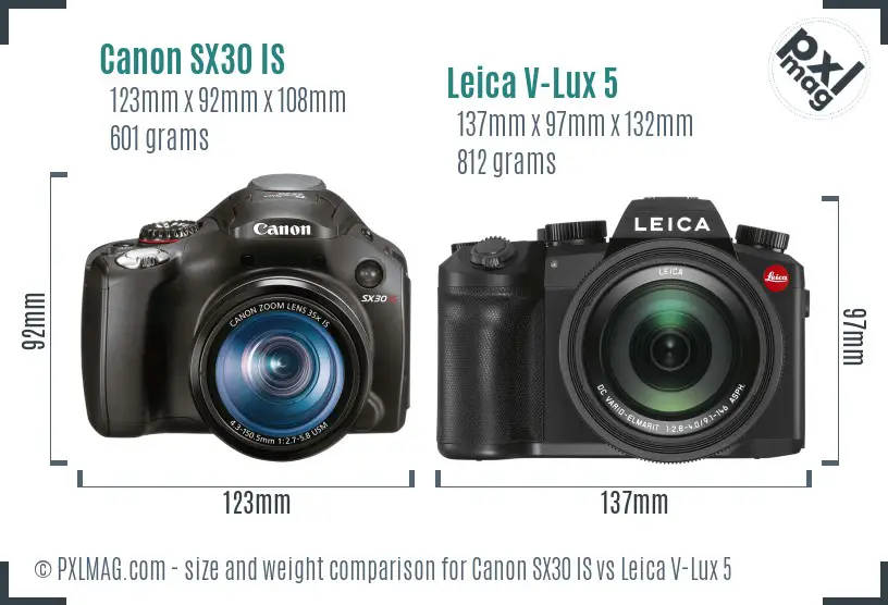 Canon SX30 IS vs Leica V-Lux 5 size comparison