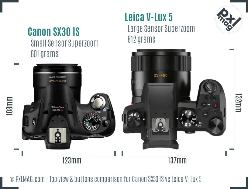 Canon SX30 IS vs Leica V-Lux 5 top view buttons comparison