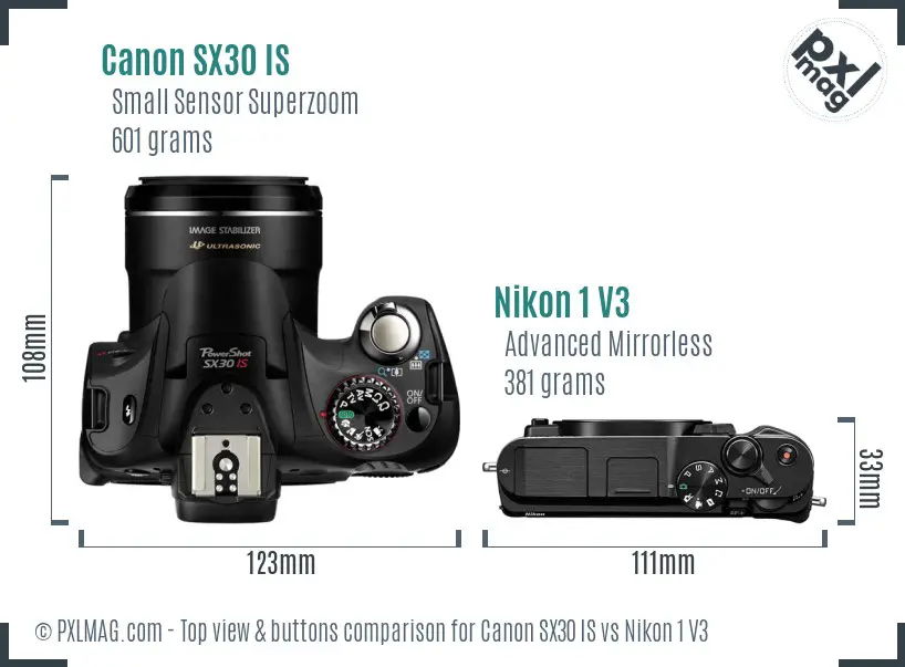 Canon SX30 IS vs Nikon 1 V3 top view buttons comparison