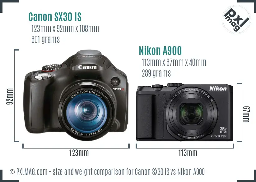 Canon SX30 IS vs Nikon A900 size comparison