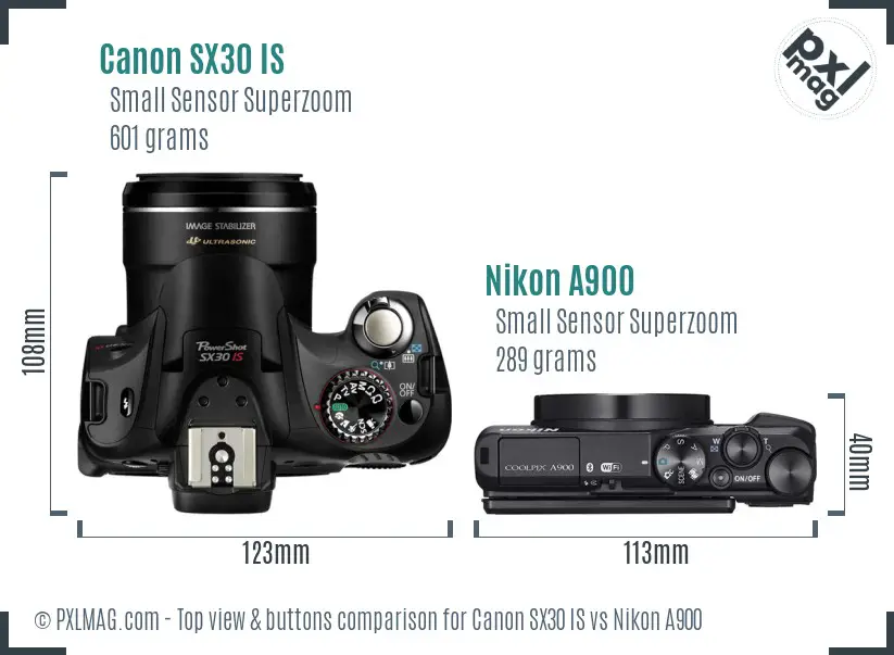 Canon SX30 IS vs Nikon A900 top view buttons comparison