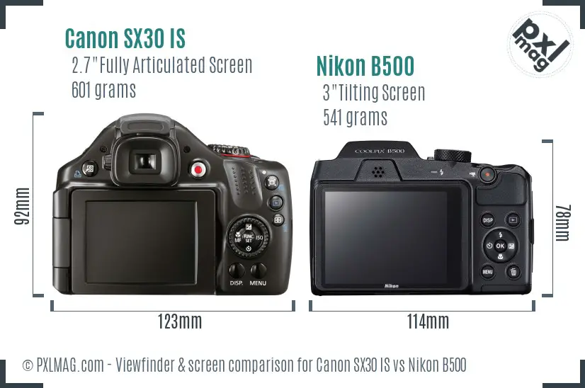 Canon SX30 IS vs Nikon B500 Screen and Viewfinder comparison