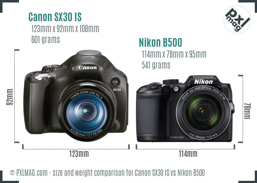 Canon SX30 IS vs Nikon B500 size comparison