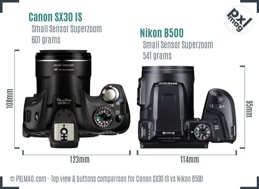 Canon SX30 IS vs Nikon B500 top view buttons comparison