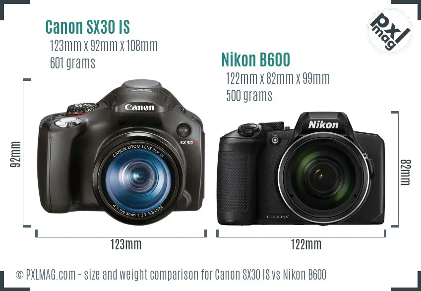 Canon SX30 IS vs Nikon B600 size comparison