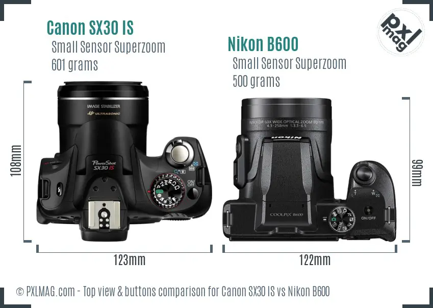 Canon SX30 IS vs Nikon B600 top view buttons comparison