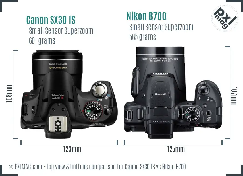 Canon SX30 IS vs Nikon B700 top view buttons comparison