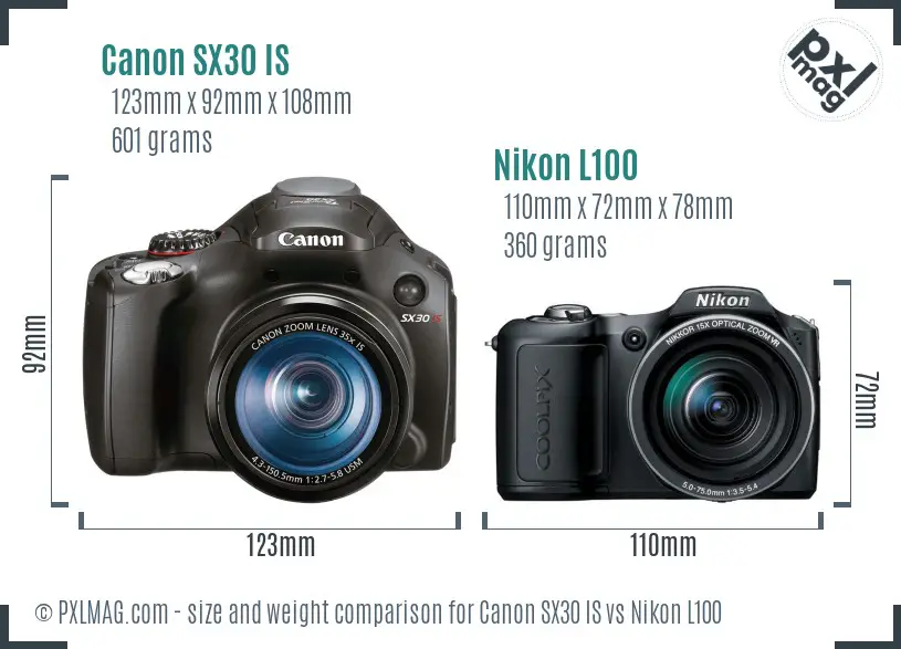 Canon SX30 IS vs Nikon L100 size comparison