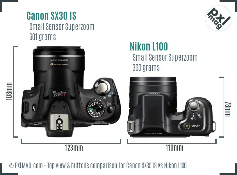 Canon SX30 IS vs Nikon L100 top view buttons comparison