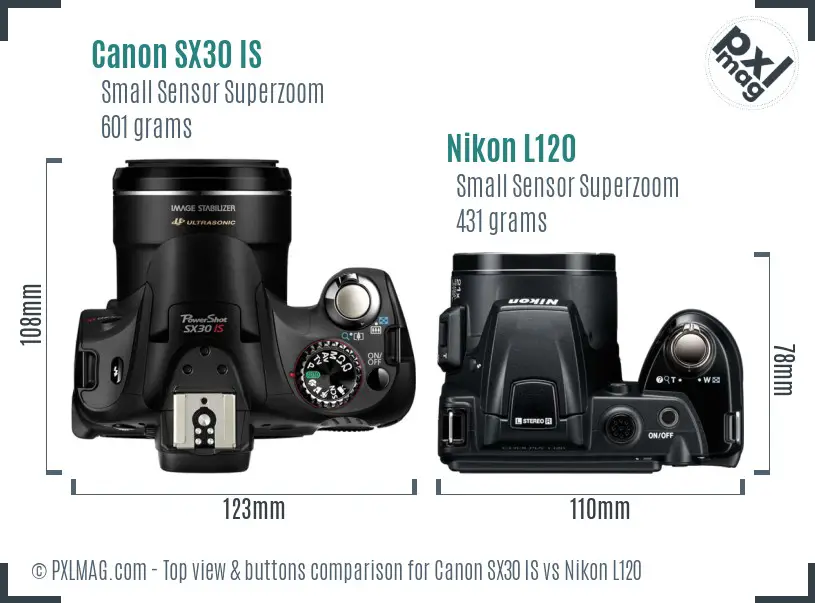 Canon SX30 IS vs Nikon L120 top view buttons comparison