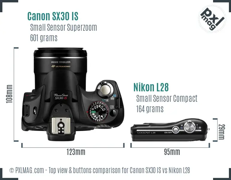Canon SX30 IS vs Nikon L28 top view buttons comparison