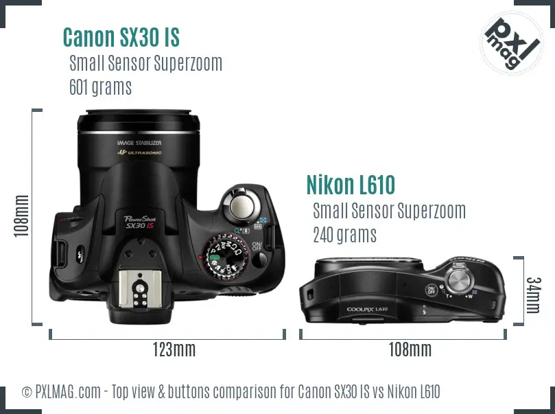 Canon SX30 IS vs Nikon L610 top view buttons comparison