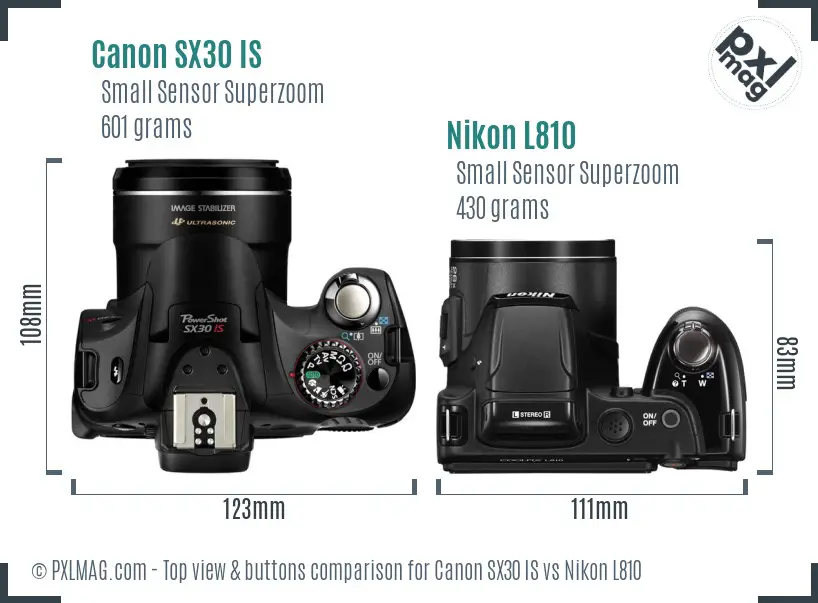 Canon SX30 IS vs Nikon L810 top view buttons comparison