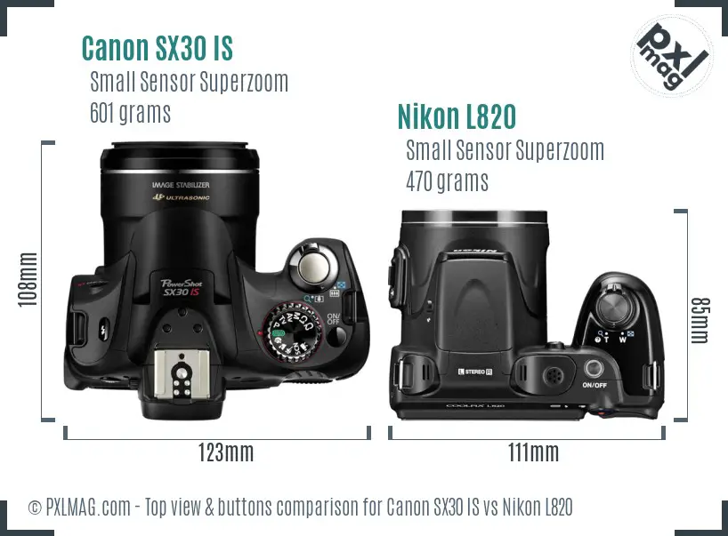 Canon SX30 IS vs Nikon L820 top view buttons comparison Canon SX30 IS vs Nikon L820 top view buttons comparison