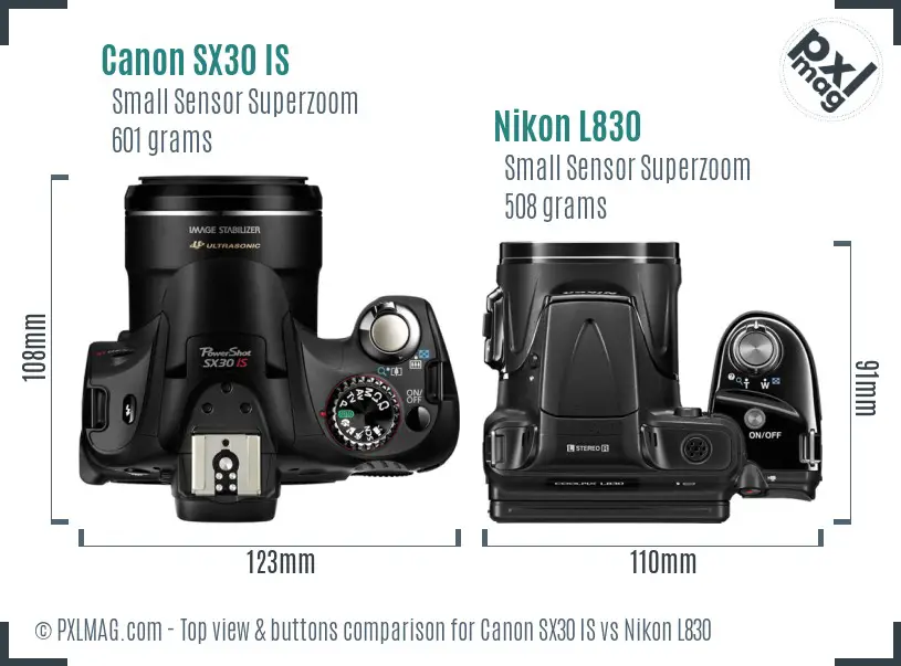 Canon SX30 IS vs Nikon L830 top view buttons comparison