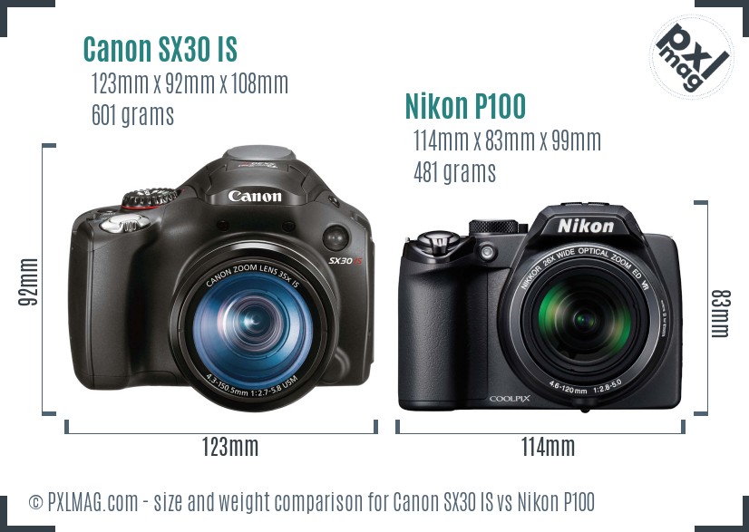 Canon SX30 IS vs Nikon P100 size comparison