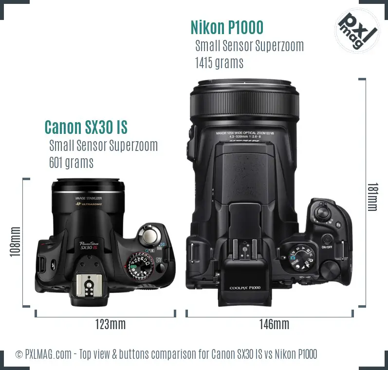 Canon SX30 IS vs Nikon P1000 top view buttons comparison