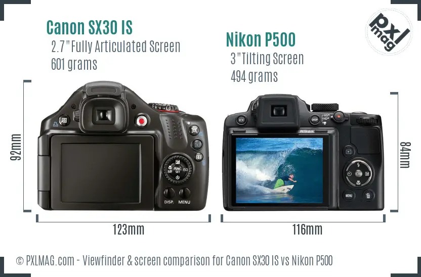 Canon SX30 IS vs Nikon P500 Screen and Viewfinder comparison