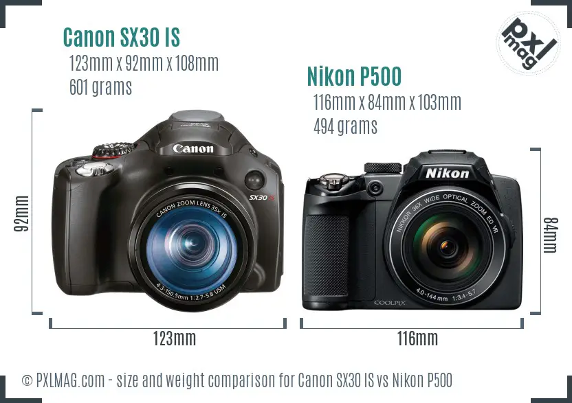 Canon SX30 IS vs Nikon P500 size comparison