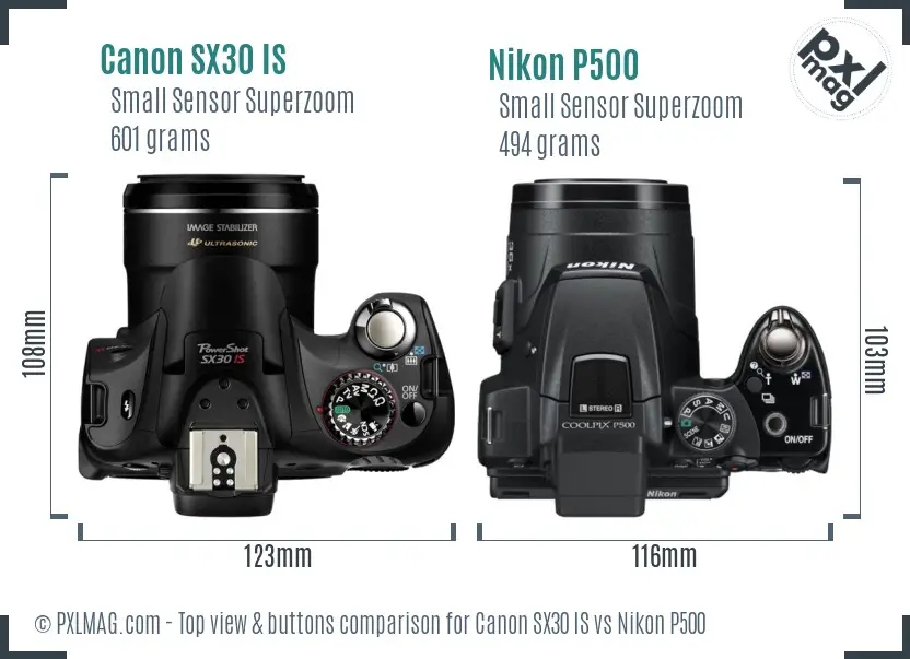 Canon SX30 IS vs Nikon P500 top view buttons comparison