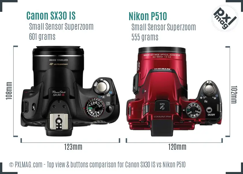 Canon SX30 IS vs Nikon P510 top view buttons comparison