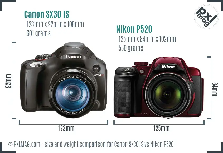 Canon SX30 IS vs Nikon P520 size comparison Canon SX30 IS vs Nikon P520 size comparison