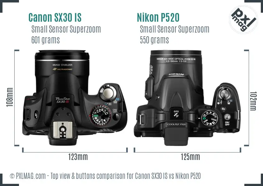 Canon SX30 IS vs Nikon P520 top view buttons comparison Canon SX30 IS vs Nikon P520 top view buttons comparison