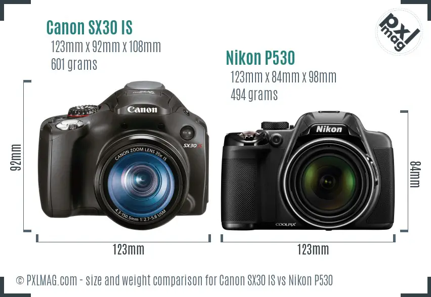 Canon SX30 IS vs Nikon P530 size comparison