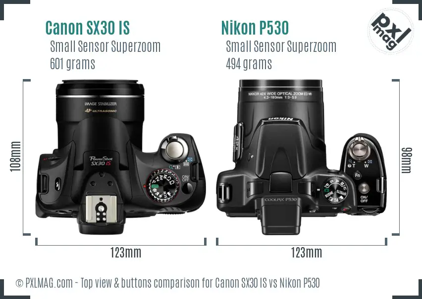 Canon SX30 IS vs Nikon P530 top view buttons comparison