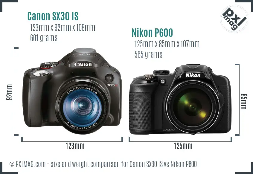 Canon SX30 IS vs Nikon P600 size comparison