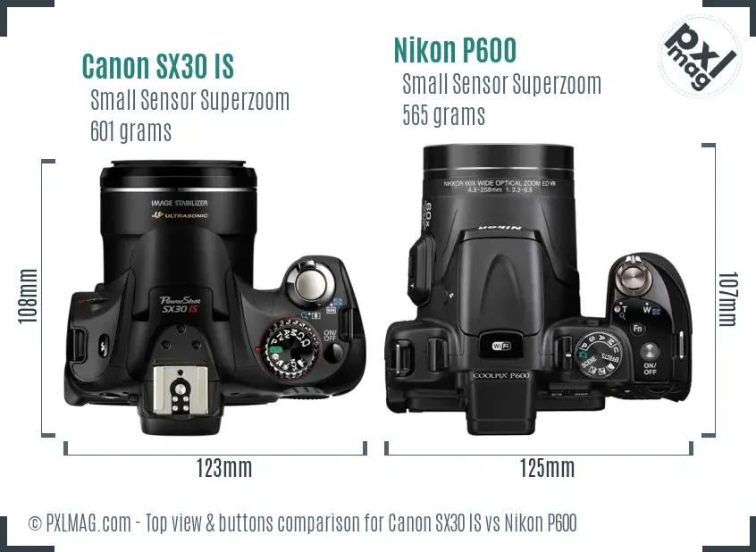 Canon SX30 IS vs Nikon P600 top view buttons comparison