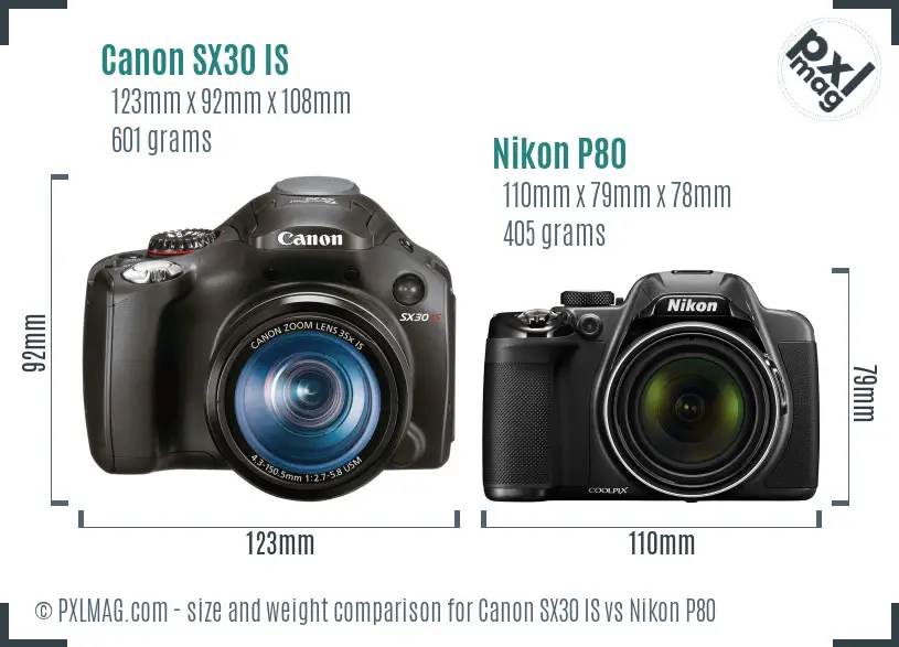 Canon SX30 IS vs Nikon P80 size comparison