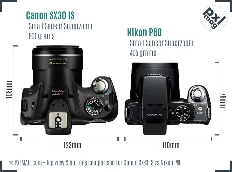 Canon SX30 IS vs Nikon P80 top view buttons comparison
