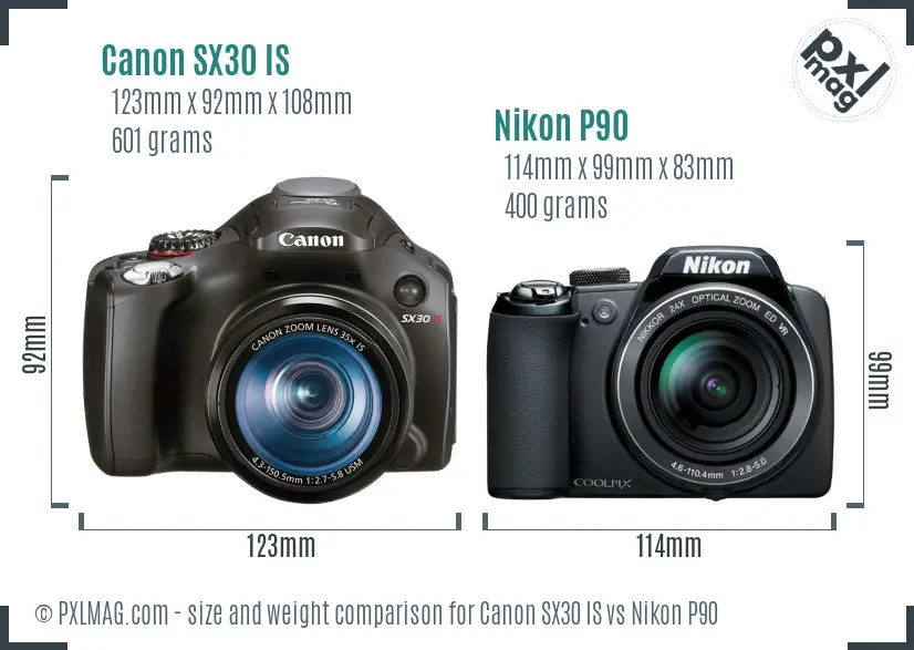 Canon SX30 IS vs Nikon P90 size comparison Canon SX30 IS vs Nikon P90 size comparison
