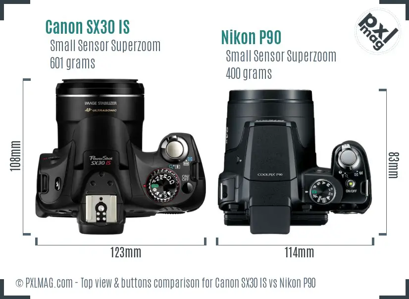 Canon SX30 IS vs Nikon P90 top view buttons comparison Canon SX30 IS vs Nikon P90 top view buttons comparison