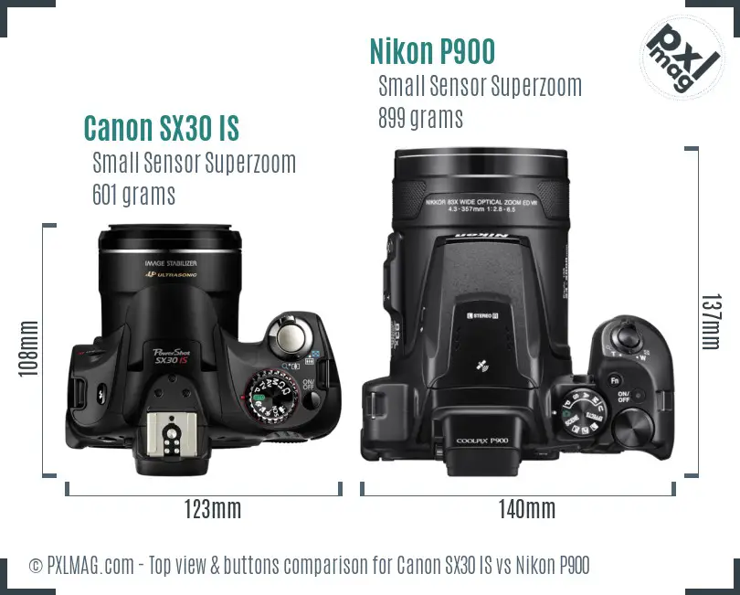 Canon SX30 IS vs Nikon P900 top view buttons comparison