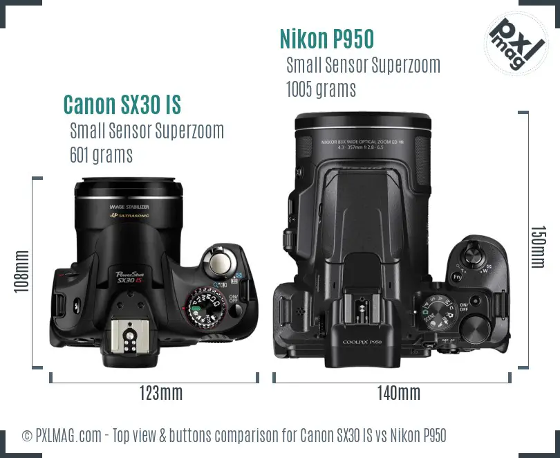 Canon SX30 IS vs Nikon P950 top view buttons comparison