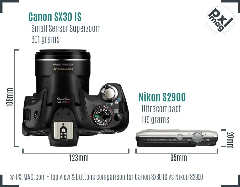 Canon SX30 IS vs Nikon S2900 top view buttons comparison