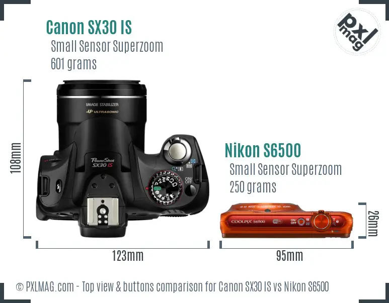 Canon SX30 IS vs Nikon S6500 top view buttons comparison