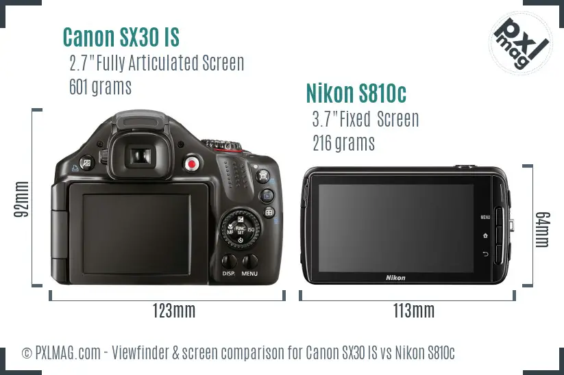 Canon SX30 IS vs Nikon S810c Screen and Viewfinder comparison