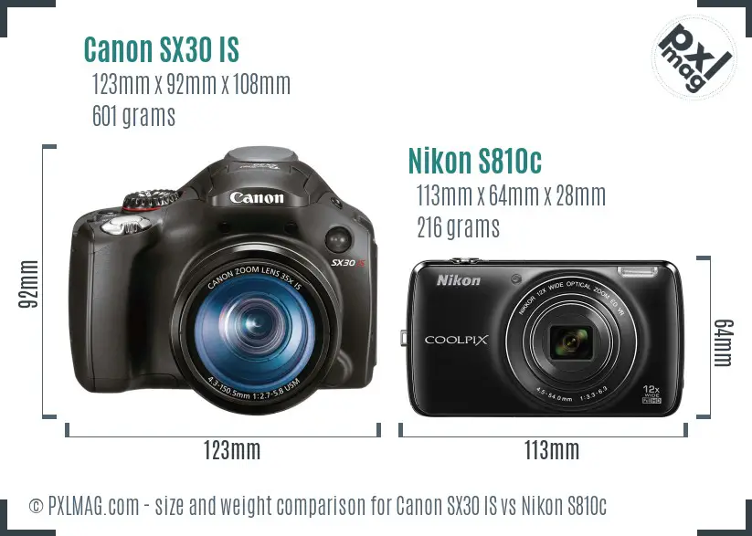 Canon SX30 IS vs Nikon S810c size comparison